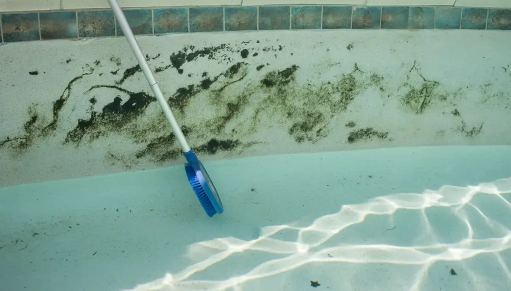 Dark algae spots on pale pool plaster below the waterline tile with a wall brush resting against it