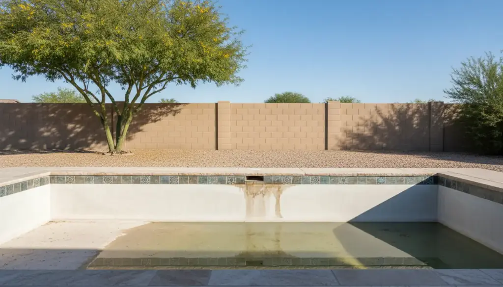 Partly drained plaster pool showing an old waterline stain, with a palo verde and block wall behind