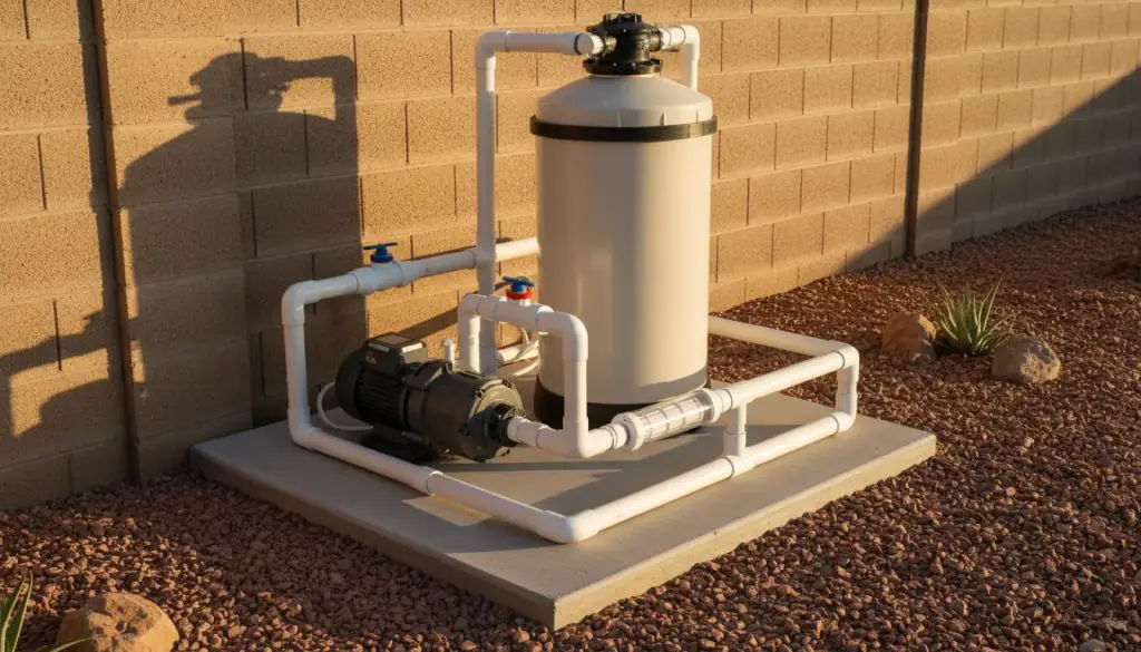 Pool pump, filter tank and PVC valves on a concrete equipment pad beside a stucco wall