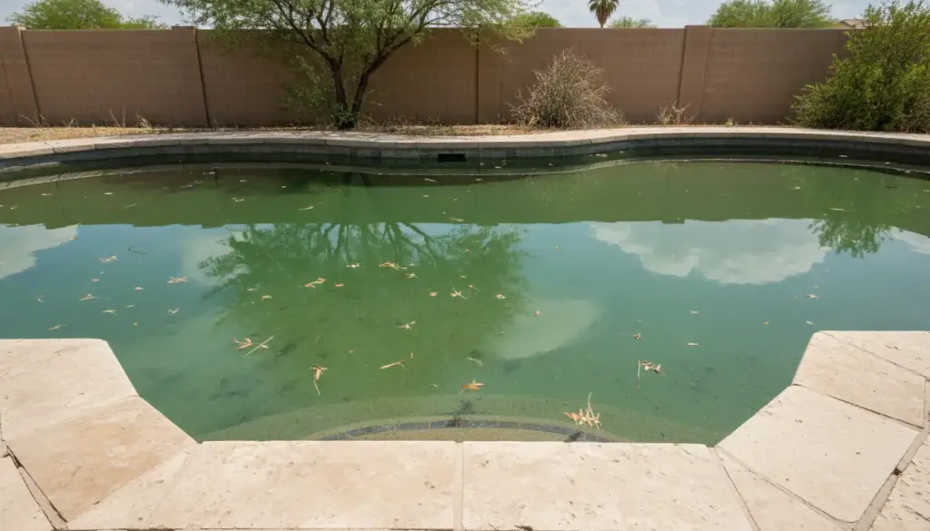 A neglected Chandler backyard pool gone murky green, leaves floating, the steps barely visible