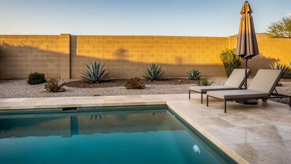 Clear, still pool beside an empty patio and closed umbrella in a quiet desert backyard