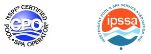NSPF Certified Pool/Spa Operator and IPSSA badges, as displayed on the Del Sol site